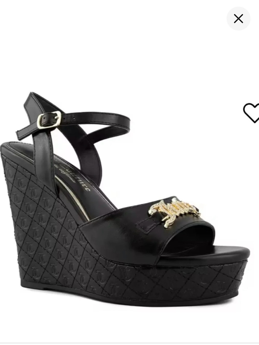 Juicy Couture Black Platform Wedge Sandals with Gold Logo Charm
